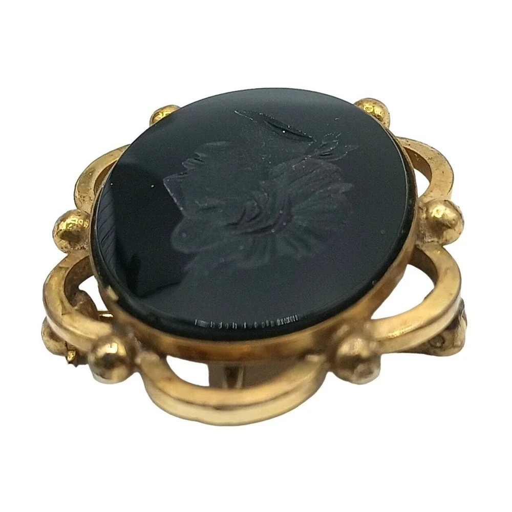 Winard Intaglio Cameo Brooch Pin‎ Pendant Black Glass 12k GF Jewelry Vintage